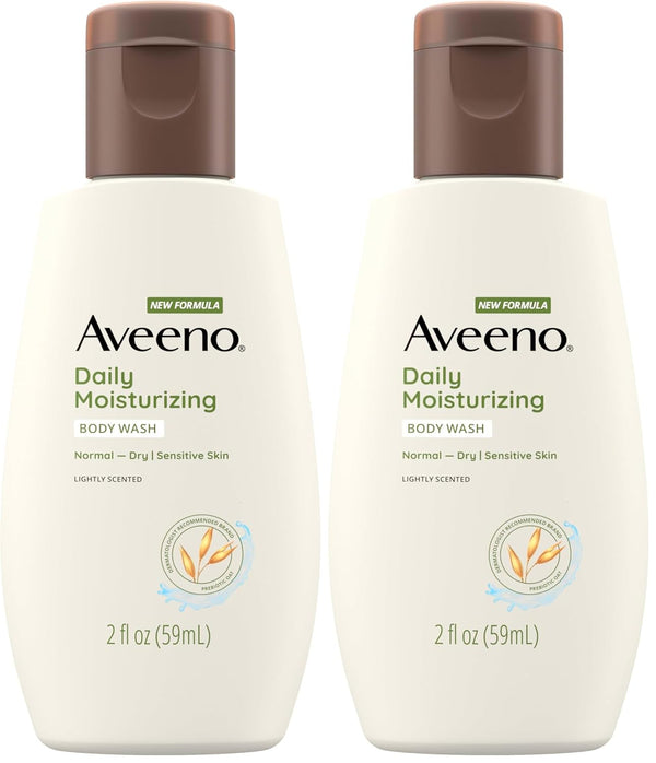 aveeno daily moisturizing body wash for sensitive skin + prebiotic oat, gentle on dry skin, 2 fl. oz travel size