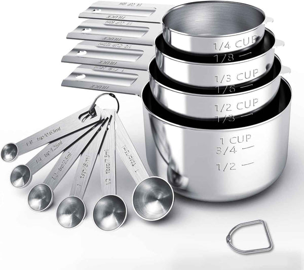 TILUCK 10-Piece Stainless Steel Measuring Cups and Spoons Set for Cooking and Baking