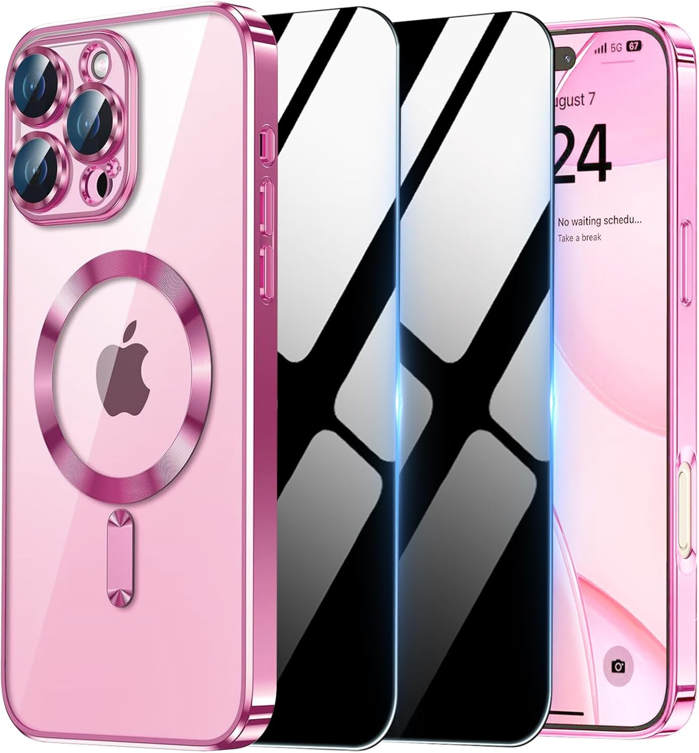 Magnetic Case for iPhone 16 Pro Max with 2 Privacy Screen Protector & Camera Cover [Compatible with MagSafe],Non-Yellowing Plating Glossy Shockproof Phone Case for iPhone 16 ProMax,Gold