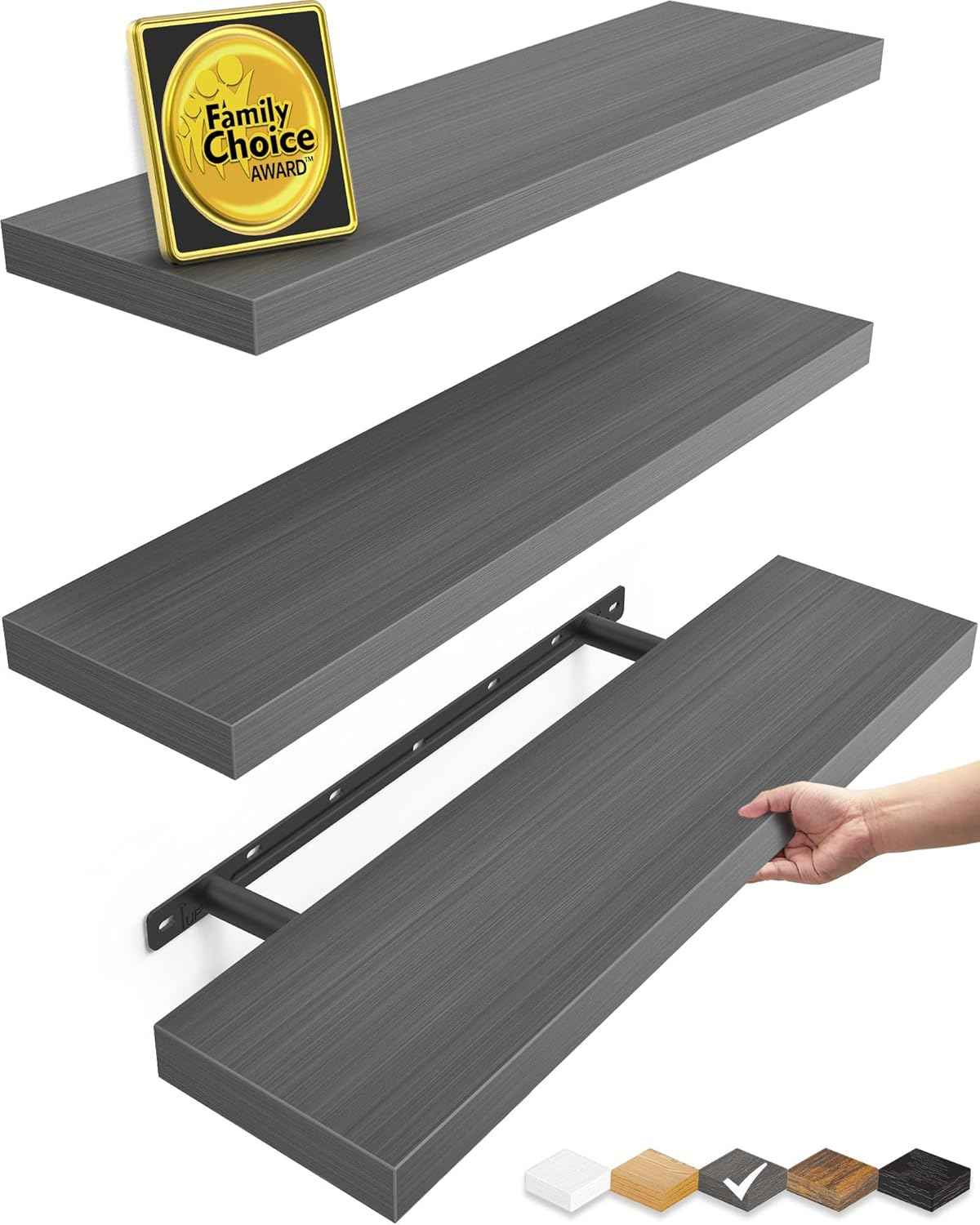 BAYKA Floating Shelves for Wall, Wall Mounted Rustic Wood Shelves for Bathroom, Bedroom, Living Room, Kitchen, Hanging Shelf for Books/Storage/Room Decor with 22lbs Capacity (Black, Set of 3, 15.7in)