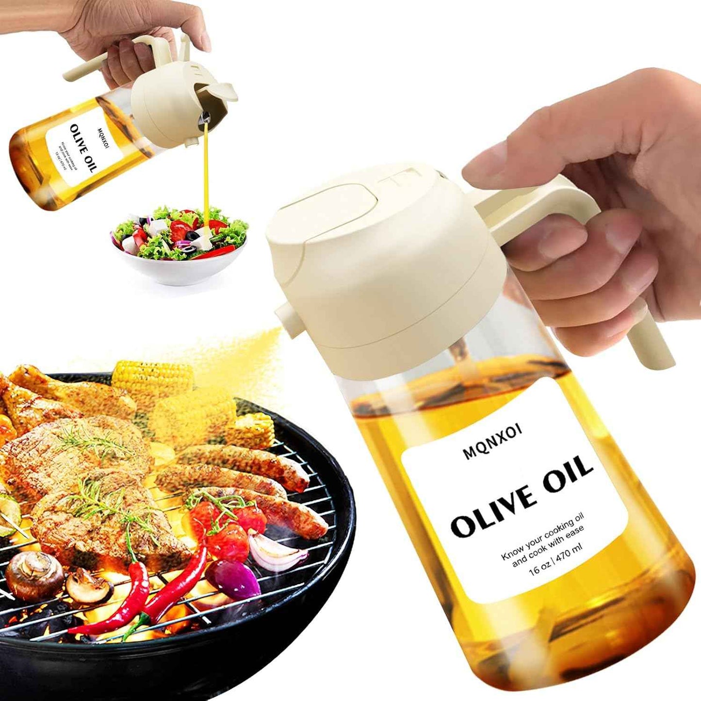 2 in 1 Glass Oil Sprayer & Dispenser,16oz/470ml Olive Cooking, Air Fryer, and Salad, for Kitchen Gadgets and Air Fryer Accessories, w/Stickers (Black)