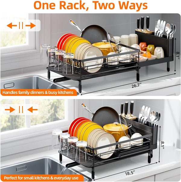 Adjustable dish drying rack for kitchen countertops, multifunctional with utensil and cup holder