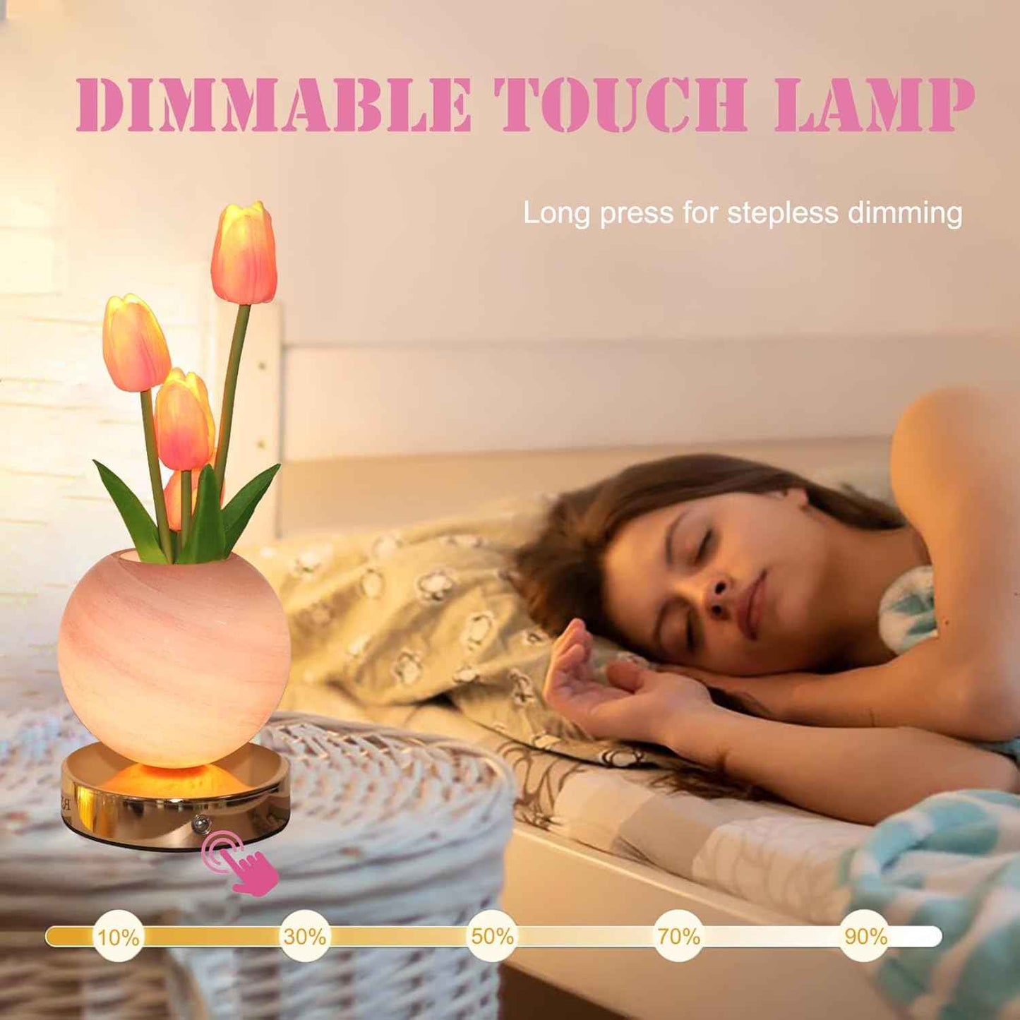 Tulip Flower Lamp, Rechargeable Cordless Touch Table Lamp, 3-Colour Infinitely Dimming Night Light, LED Artificial Tulips Decor, Birthday Gifts for Women Mom (Pink)