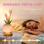 Rechargeable Cordless Touch Tulip Flower Table Lamp, 3-Color Infinitely Dimming Night Light with LED Artificial Tulips Decor (Pink)