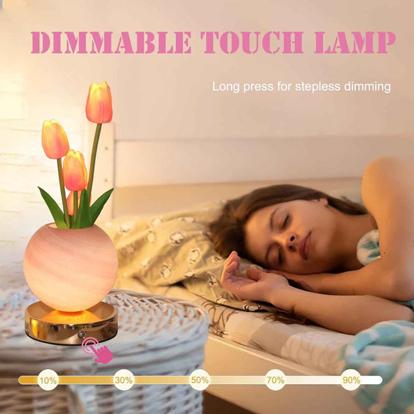 Rechargeable Cordless Touch Tulip Flower Table Lamp, 3-Color Infinitely Dimming Night Light with LED Artificial Tulips Decor (Pink)