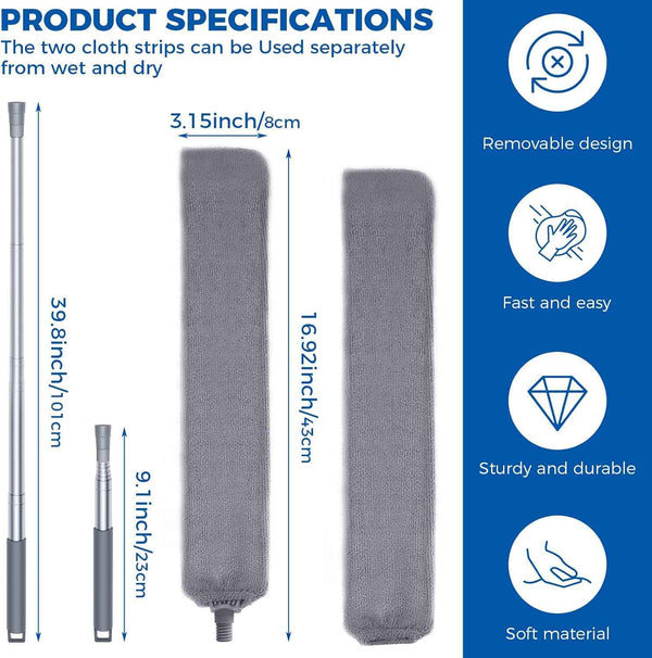 Retractable Microfiber Dusting Cloths with Long Handle 60inches for Cleaning Under Appliances Furniture Couch Fridge