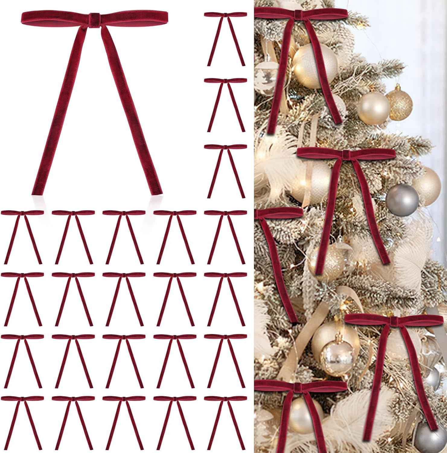 24 Pcs Red Velvet Christmas Ornaments, Rustic Velvet Bows for Christmas Tree, 5x7 Inch Pre-Tied Vintage Xmas Bows for Wreaths, Gifts and Holiday Home Décor, Ribbon Bows for Garland (3/8")