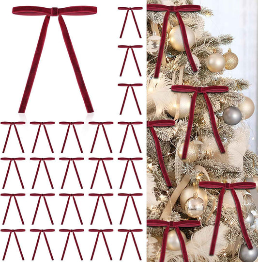 24 Pcs Red Velvet Christmas Ornaments, Rustic Velvet Bows for Christmas Tree, 5x7 Inch Pre-Tied Vintage Xmas Bows for Wreaths, Gifts and Holiday Home Décor, Ribbon Bows for Garland (3/8")