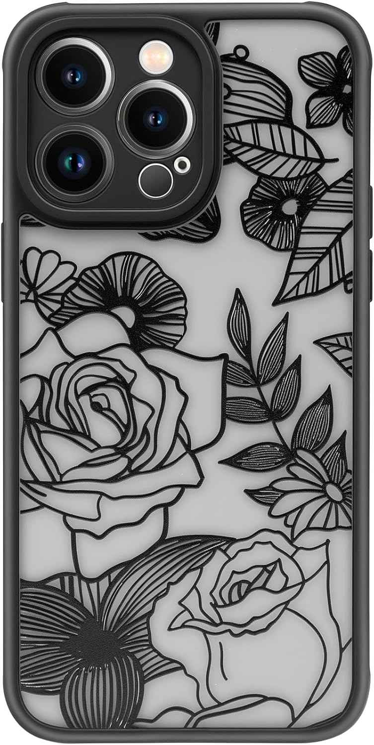 Girly Flower Case Compatible with iPhone 17 Pro Max, Cute Rose Aesthetic Black Line Art Floral Pattern Print, Anti Fingerprint PC Heavy Duty Protection Cases Cover for Girls Women
