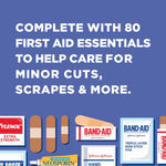 BAND-AID Brand Travel Ready Portable Emergency First Aid Kit, Minor Wound Care, Perfect for Home, Car, Camping, Travel & Outdoor Essentials, Supplies Include Bandages, Neosporin & Tylenol, 80 Piece