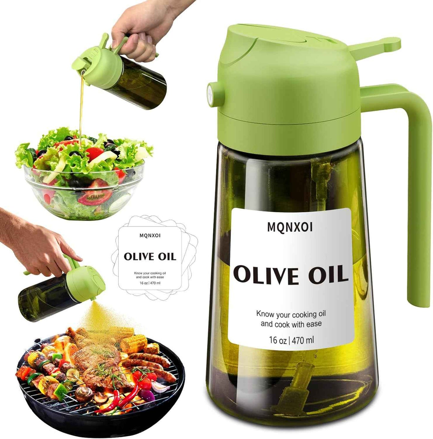 2 in 1 Glass Oil Sprayer & Dispenser,16oz/470ml Olive Cooking, Air Fryer, and Salad, for Kitchen Gadgets and Air Fryer Accessories, w/Stickers (Black)