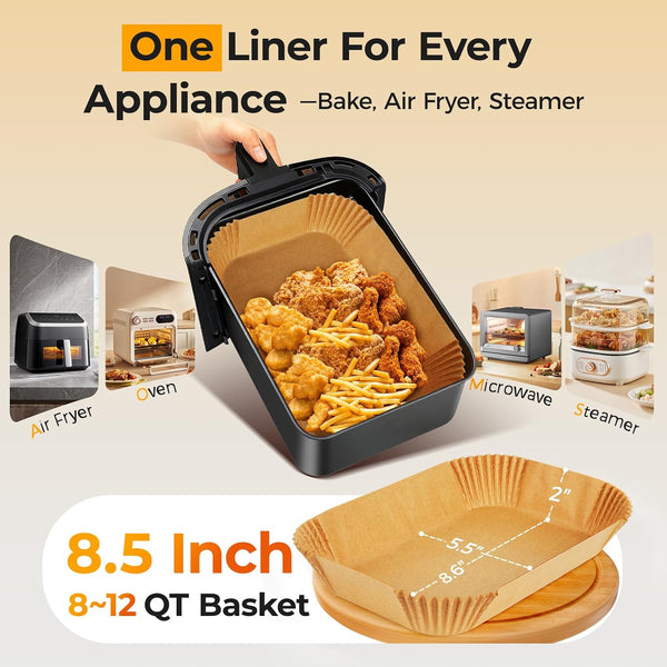 Vailnd Rectangle Air Fryer Paper Liners 200Pcs for Ninja DZ201&DZ550 | Bella Slim 4QT&6QT | Cosori | Instant Dual‑basket Air Fryer, Simple Cleanup, Greasy Proof, Disposable Airfryer Sheets 8.6x5.5In