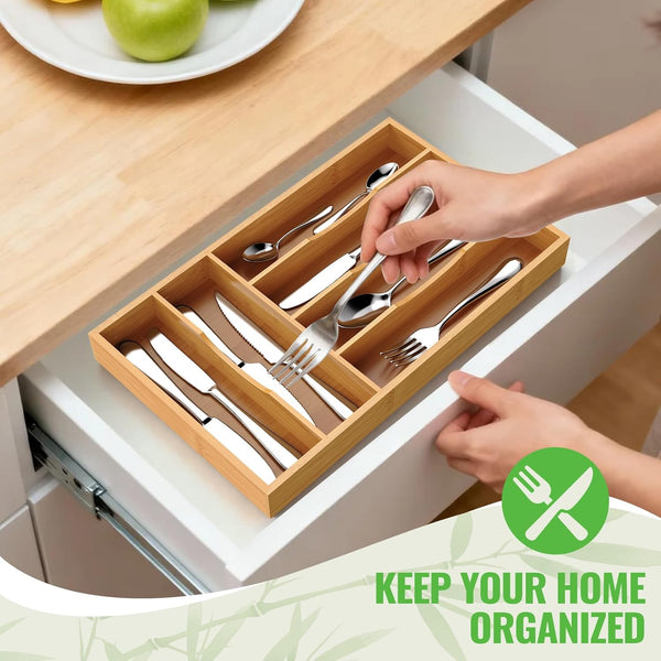 Bamboo Silverware Organizer for Kitchen and Office Use