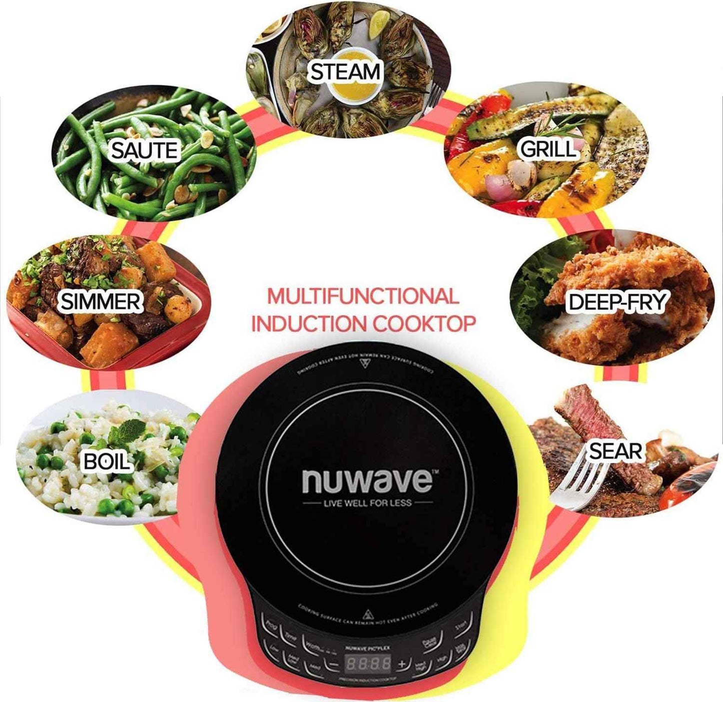 NUWAVE Flex Precision Induction Cooktop, 10.25” Shatter-Proof Ceramic Glass, 6.5” Heating Coil, 45 Temps from 100°F to 500°F, 3 Wattage Settings 600, 900 & 1300 Watts, 9” Duralon Ceramic Pan Included