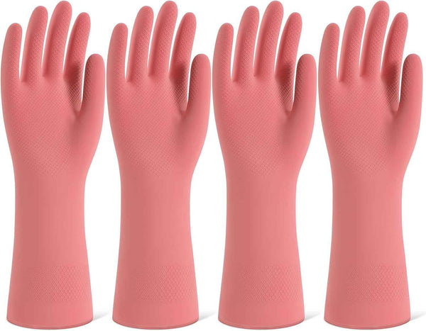 Rubber Cleaning Gloves for Dishwashing, 4 Pairs Reusable Kitchen Gloves for Washing Dishes and Household Cleaning, Colorful Dish Gloves with Flocked Lining and Non-Slip Grip, Pefect for Woman Men - M