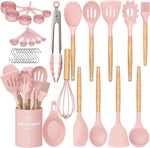 Umite Chef Kitchen Cooking Utensils Set, 33 pcs Non-Stick Silicone Cooking Kitchen Utensils Spatula Set with Holder, Wooden Handle Silicone Kitchen Gadgets Utensil Set (Khaki)