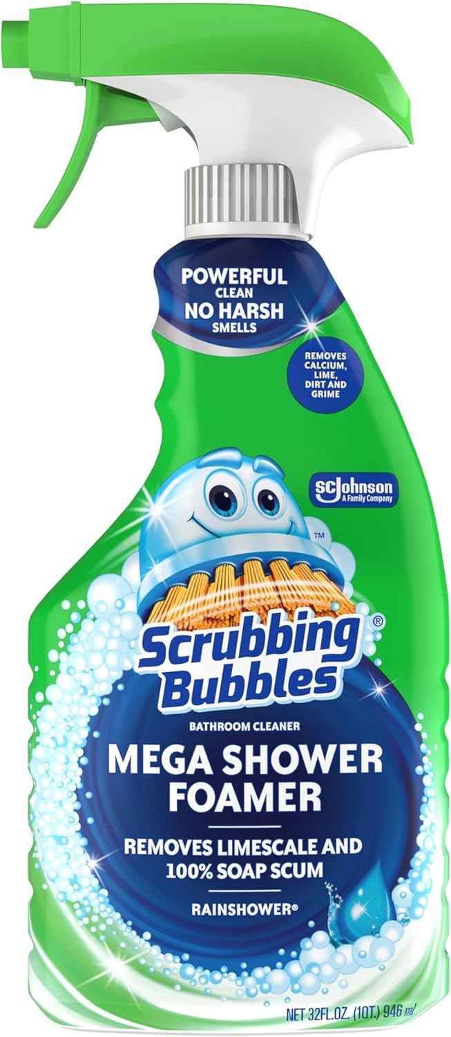 Scrubbing Bubbles Mega Bathroom and Shower Cleaner Spray, Foaming Action Removes Limescale and Soap Scum, Rainshower Scent, 32oz