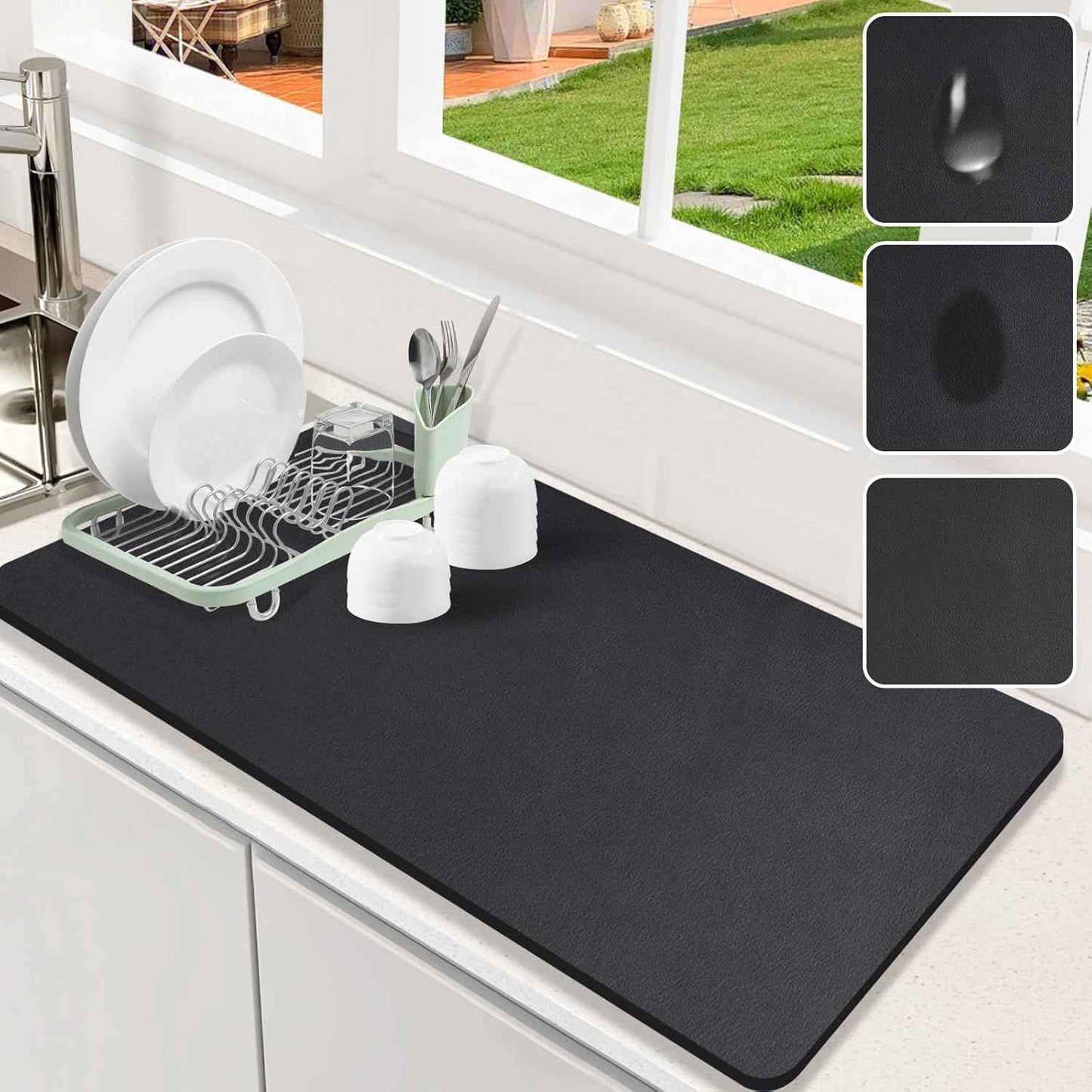 Dish Drying Mat for Kitchen Counter, 12"x19" Dish Drying Pad with Non-slip Rubber Backed, Hide Stain Anti Absorbent for Kitchen Counter, Drying Mat for Coffee Machine Dish Rack (Grey)