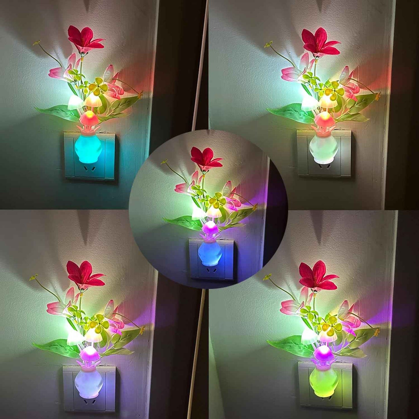 Plug-in Night Light with Auto Light Sensor, RGB LED Mushroom Night Light Wall Based Flower Lamp 1W Energy Efficient Nursery Nightlight for Kids Room, Bedroom, Nursery, Lounge, Hallway and Stairs | Nursery Nightlight, Auto Light Sensor, Energy Efficient, W