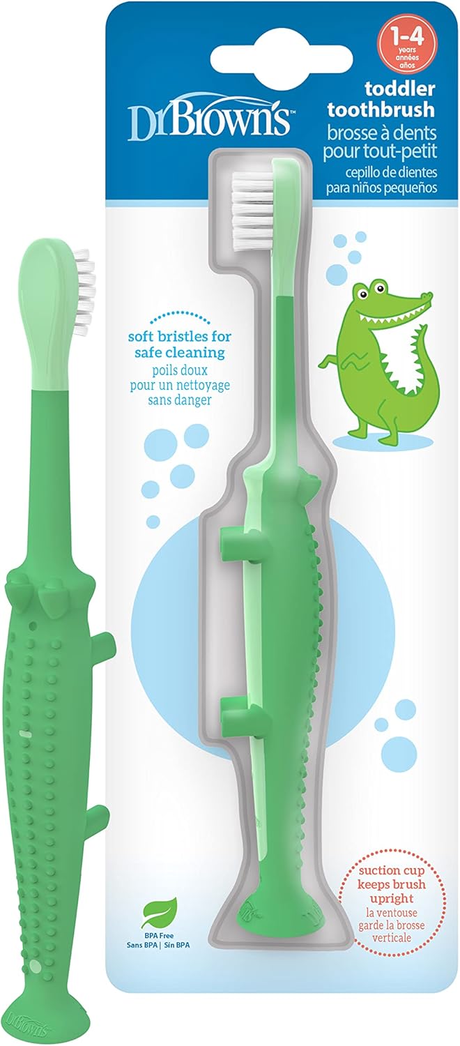 Dr. Brown's Baby and Toddler Toothbrush, Green and Orange Dinosaur 2-Pack, 1-4 Years
