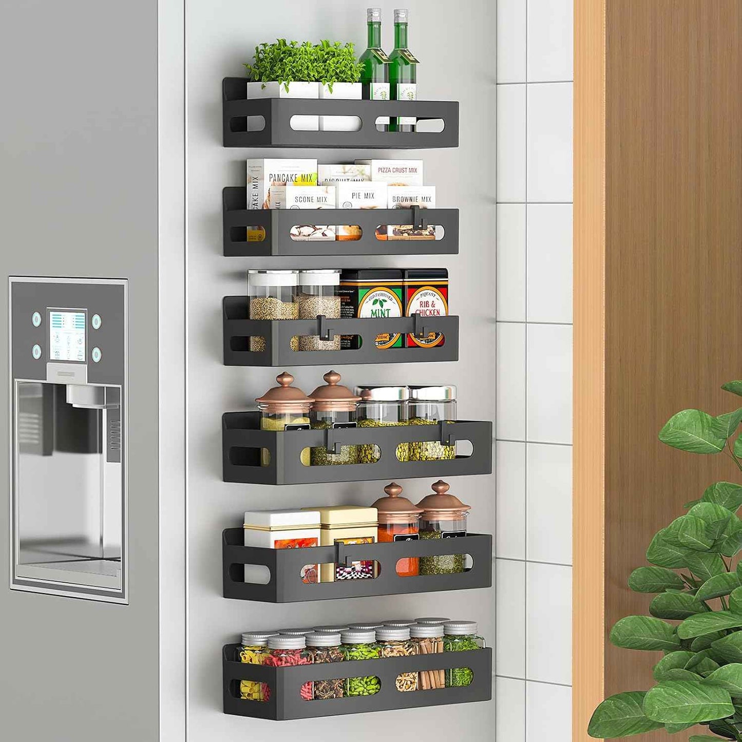 4 Pack Magnetic Spice Rack for Refrigerator, Spice Rack Organizer, Moveable Magnetic Shelf Fridge Organizer with 4 Hooks for Kitchen and Oven Organization, Black