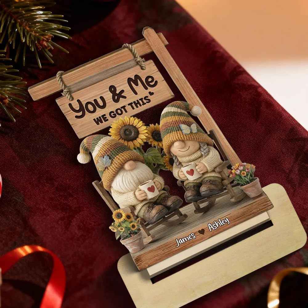 Personalized Gnome Couple Sign, Custom Names Romantic Gnome Love Wooden Table Sign, Cute Couple Home Decor, Anniversary Valentine Gift for Husband Wife