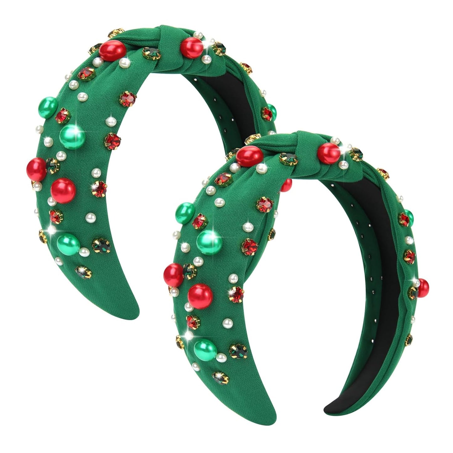 2 Pcs Christmas Headband for Women Pearl Knotted Headband Red Green Pearl Rhinestone Crystal Jeweled Hairbands Fashion Ladies Hair Band Hair Hoop Accessories Holiday Outfits Headpiece (Red and Green)