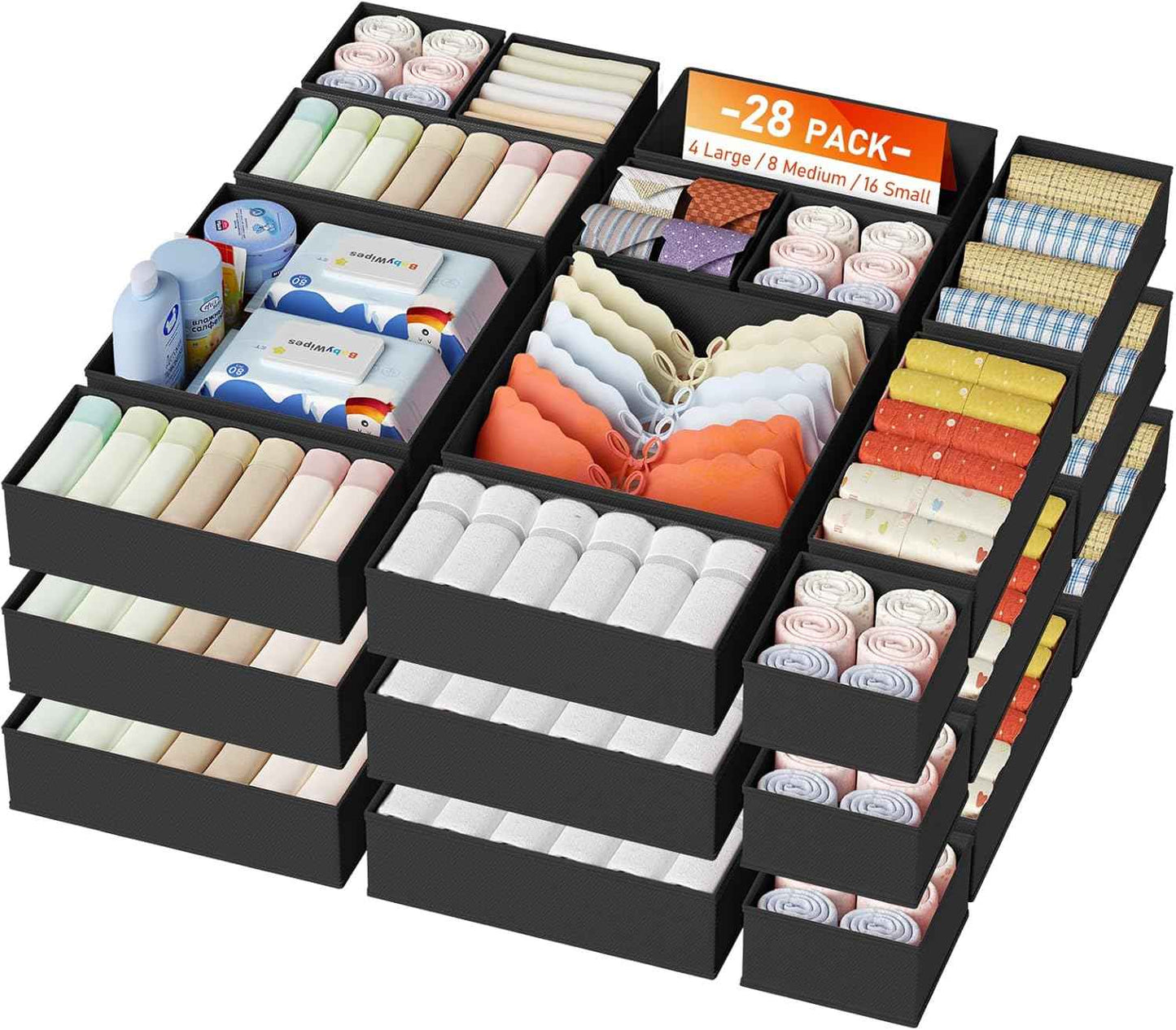 DIMJ Drawer Organizer Clothes, 12 Pack Dresser Organizer, Foldable Closet Organizers and Storage, Fabric Dresser Bins, Drawer Dividers for Nursery, Baby Clothes, Underwears, Sock (Beige)
