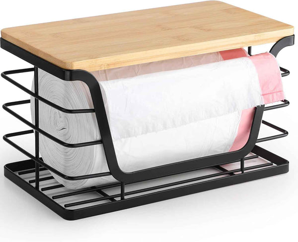 ALOCEO 2 Pack Storage Stackable Kitchen Laundry Organizers with Bamboo Top, Large Trash Bag Holder and Small Garbage Bag Dispenser for Countertop Organization