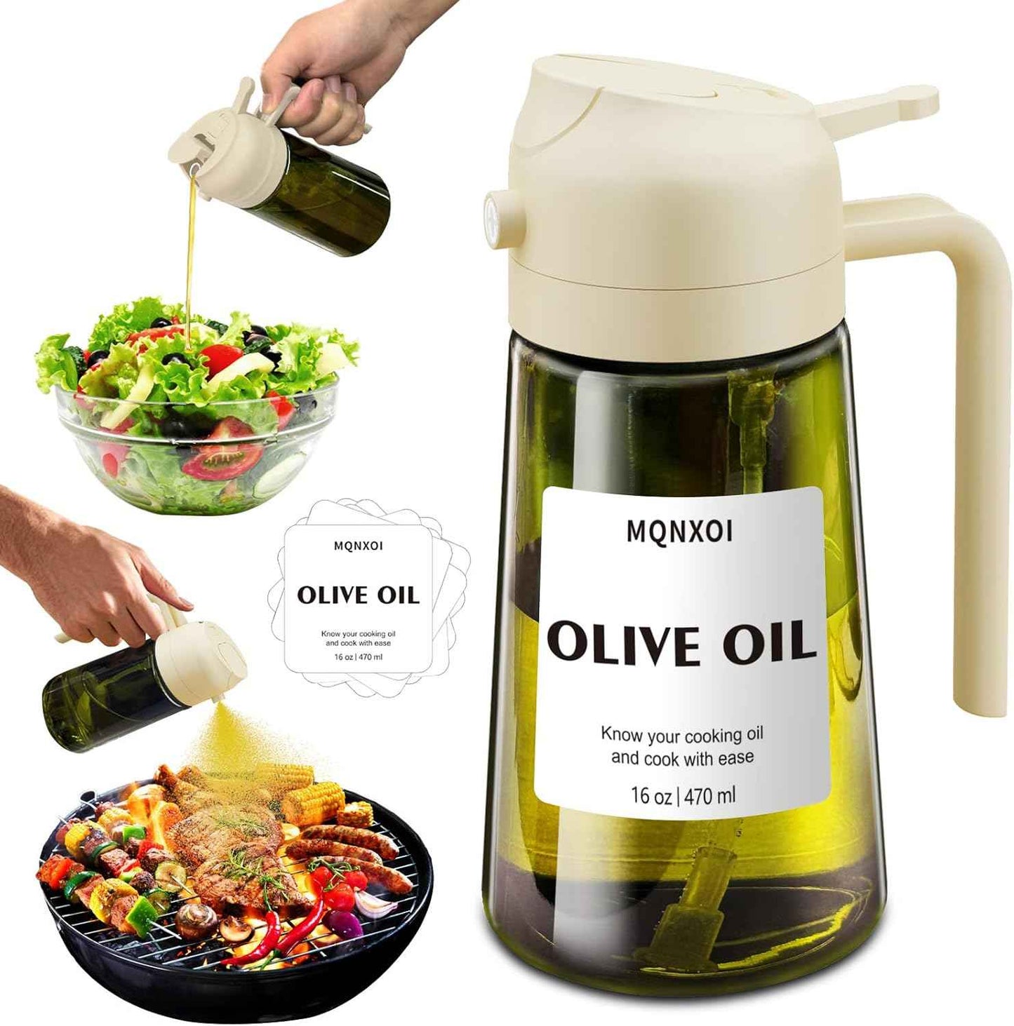 2 in 1 Glass Oil Sprayer & Dispenser,16oz/470ml Olive Cooking, Air Fryer, and Salad, for Kitchen Gadgets and Air Fryer Accessories, w/Stickers (Black)