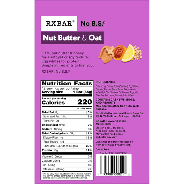 RXBAR Nut Butter and Oat Protein Bars, 12 Count, 23.2oz Box, Lemon Honey Cashew Butter