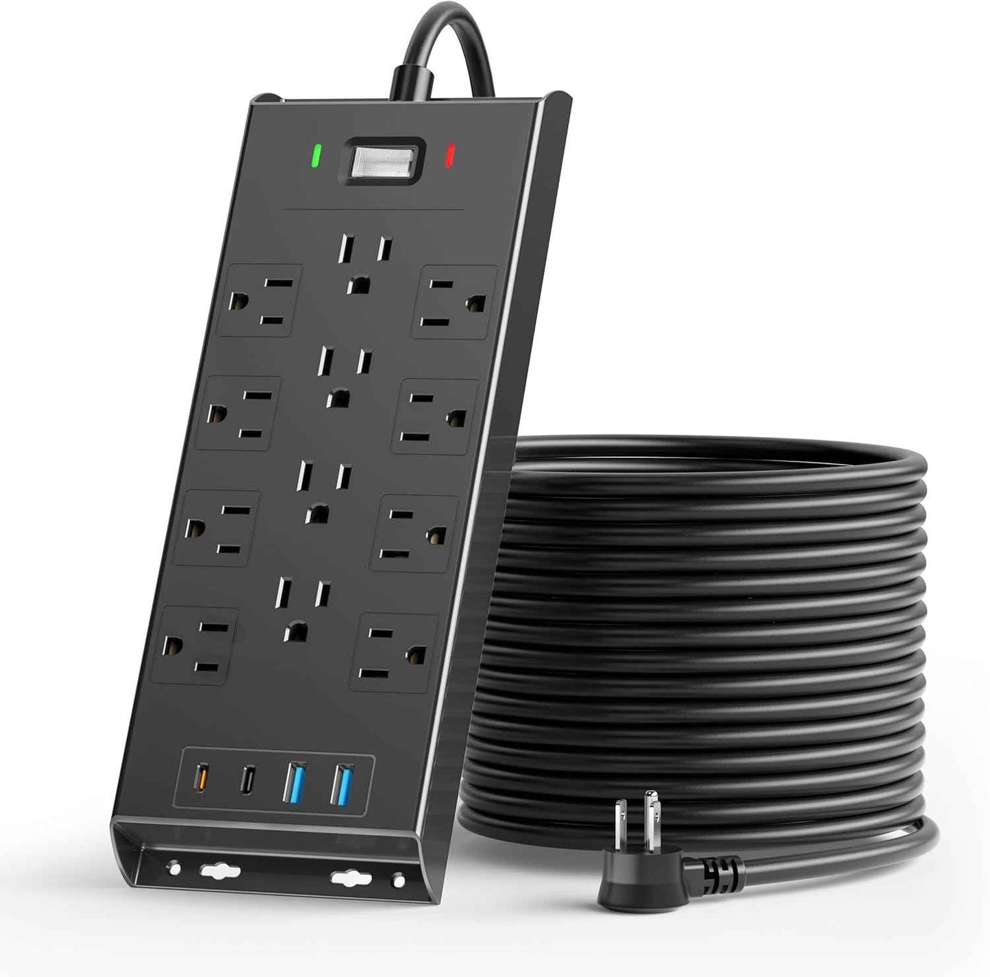 Surge Protector Power Strip 4800J, LeZone 10Ft Long Extension Cord Flat Plug, 12 Outlets 2 USB C 2 USB Ports, Wall Mountable, 20W Desk Charging Station, Black