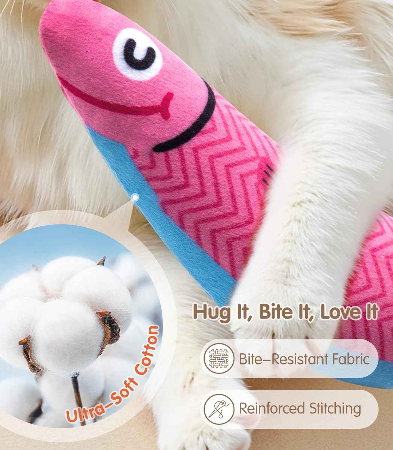 Cat Toys with[5000mg A+Natural Catnip &Silvervine] [Baby Grade] Interactive Soft Chew Kicker Cat Toys for Indoor Cats & Kittens, [Crinkle &Bell] Fish Sound Toy, Drives Bored Cat Crazy with Fun