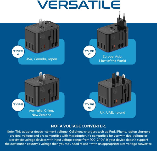 Ceptics Universal Travel Adapter, 45W International Power Adapter with PD & QC 3.0 Dual USB-C, 3 USB Travel Adapter Worldwide, Type I C G A Outlets 110V 220V A/C - EU Euro US UK (11-KU)