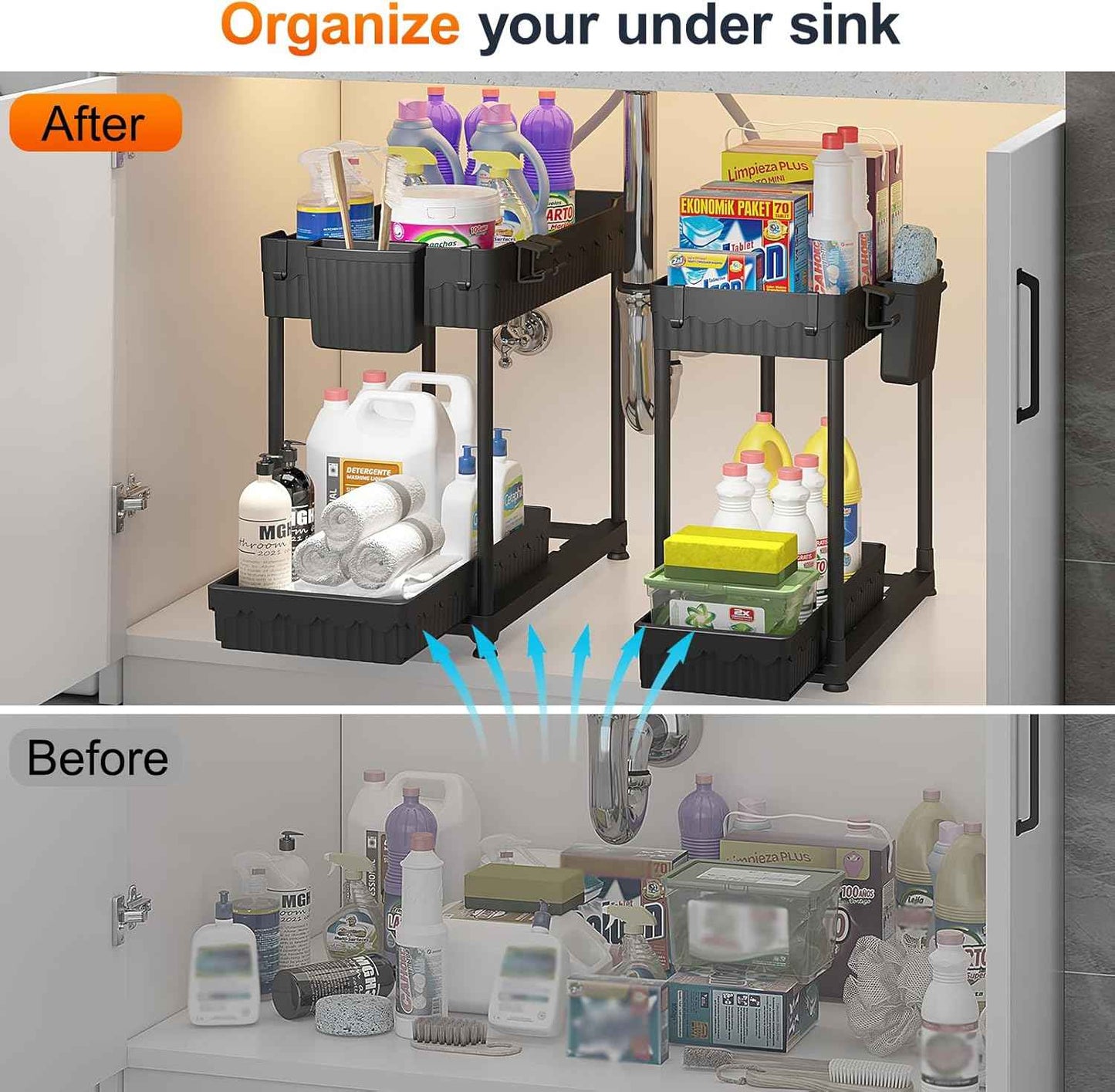 4 Pack Under Sink Organizer, Bathroom Organizers and Storage, 2 Tier Multi-Use Pull Out Cabinet Organizer with Hang Hooks and Cups (Black, 4 Pack)