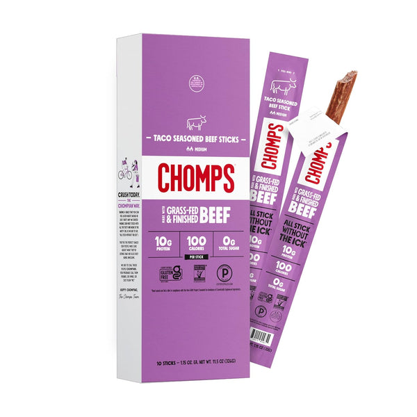 Chomps Grass-Fed Beef Jerky Snack Sticks 10-Pack, 10g Protein, Gluten-Free, Zero Sugar