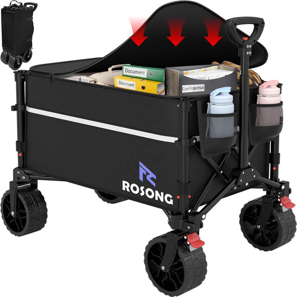 ROSONG Collapsible Wagon Cart with Wheels Foldable - Folding Utility Heavy Duty Wagons Carts for Grocery Sports Garden Shopping Camping Wheelbarrows (Black, 120L)