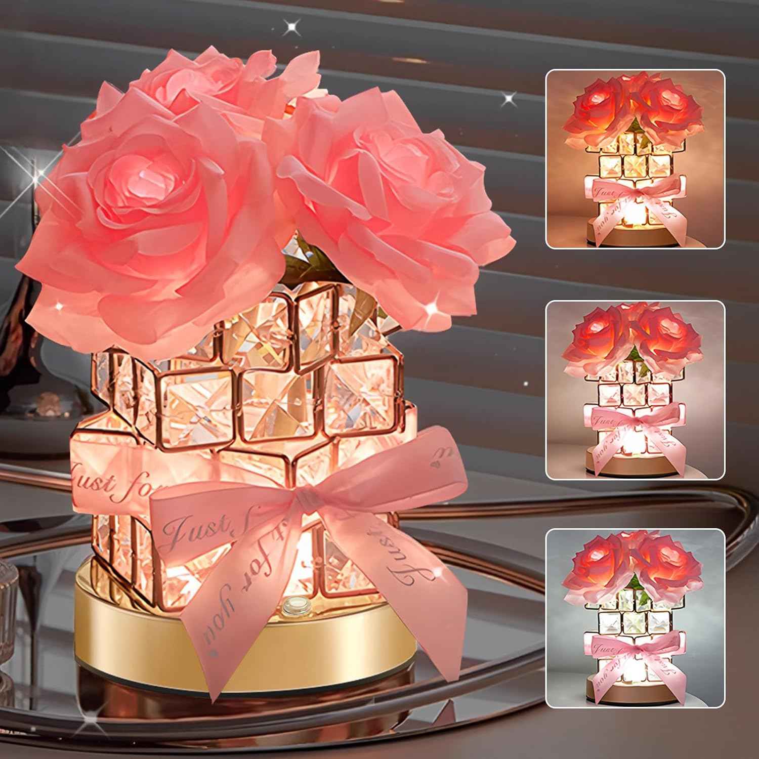 Valentine‘s Day Decorations Gifts for Her, Rose Crystal Table Lamp, Rechargeable Flower Night Light, 3 Colors Dimmable Cordless Touch Lamp, Birthday Anniversary Romantic Decor for Girlfriend Wife | Touch Lamp, Dimmable, Rechargeable, Cordless, Pink Decor,