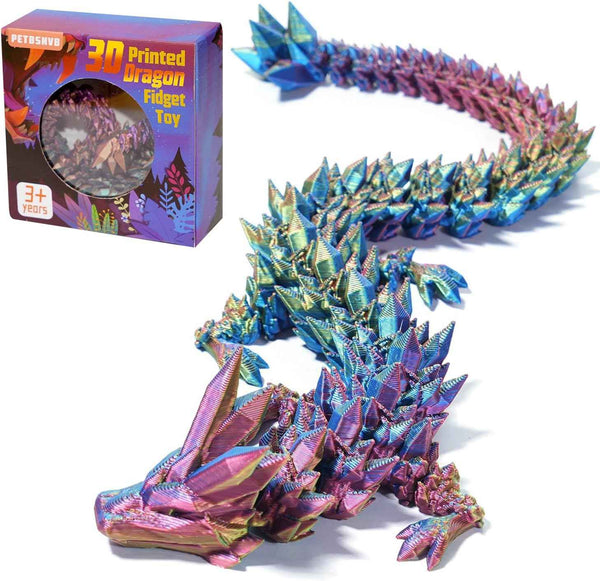 Three Color 12" 3D Printed Dragon, Articulated Dragon, Crystal Dragon, Dragon Fidget Toy, Home Office Decor Executive Desk Toy (Blue Head)