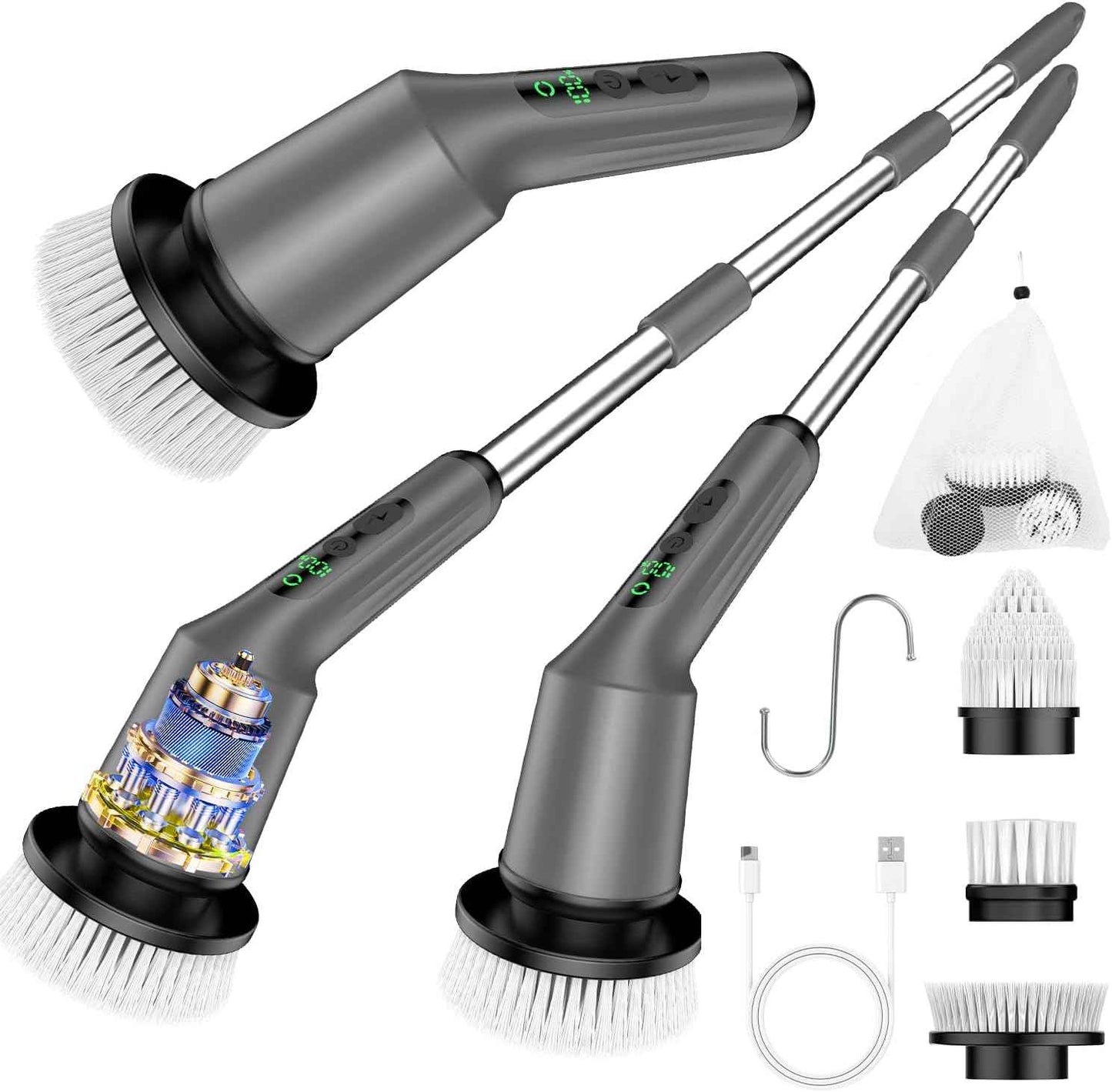 Electric Spin Scrubber for Cleaning Bathroom, Shower Scrubber Cordless Cleaning Brush with IPX7 Waterproof & 2 Speed, 3 Brush Heads, Bathroom Cleaning Supplies for Shower Tub Kitchen Tile Toilet White