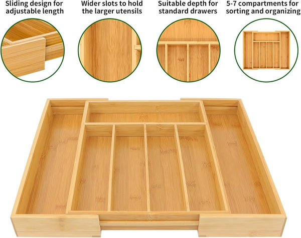 Bamboo drawer organizer for kitchen utensils and storage