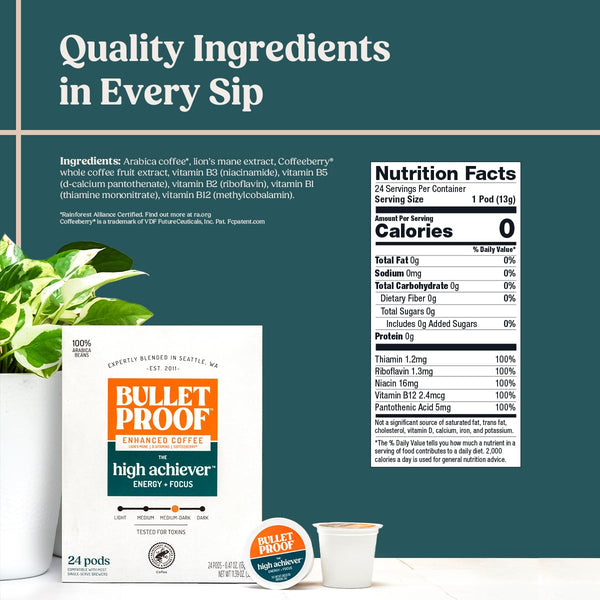 Bulletproof High Achiever Single-Serve Coffee Pods, 24 Count, Medium-Dark Roast