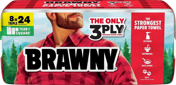 Brawny Tear-A-Square 3-Ply Paper Towels, 12 Double Rolls = 24 Regular Rolls, Strong, Absorbent, and Durable with 3 Sheet Sizes
