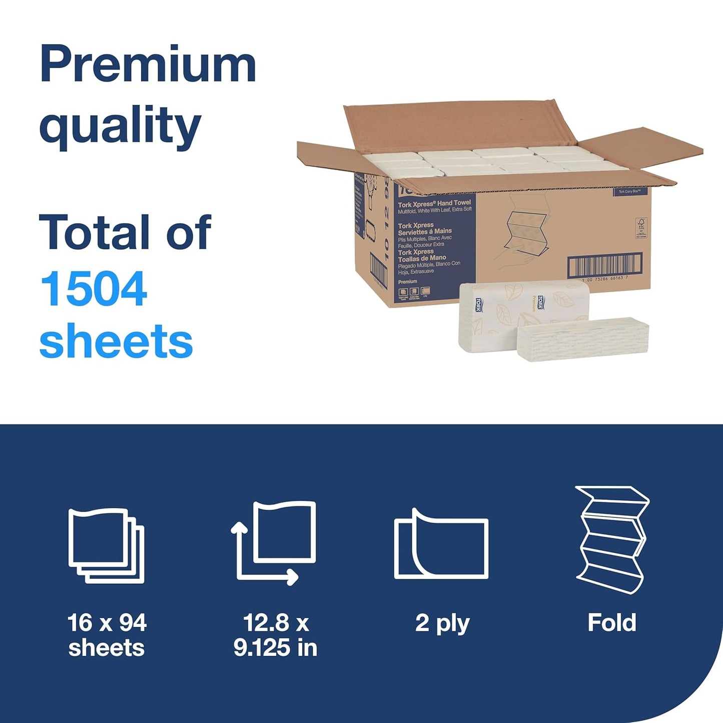 Tork Extra Soft Multifold Hand Towels White with Blue Leaf Print, H2 Dispenser Compatible 16 Packs x 94 Towels (101298)