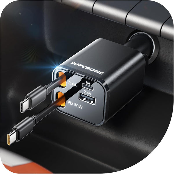 Retractable Car Charger, [Ultra-Compact] 6-Port Car Charger USB C, iPhone Car Chargers Fast Charging with Dual USB C Cables, RV Power Adapter for iPhone 17/16/15/14/13/12 Series