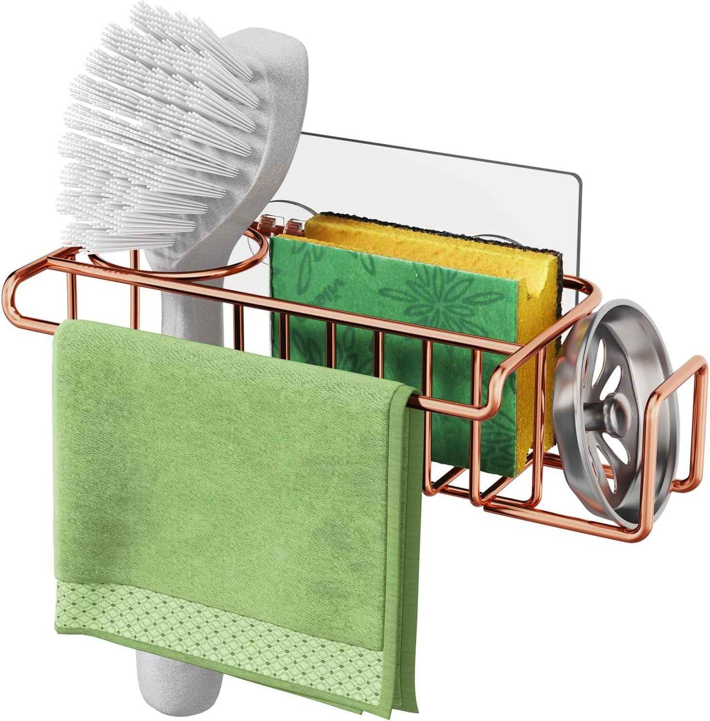 HapiRm 4 in 1 Sink Caddy Sponge Holder, SUS304 Stainless Steel Kitchen Brush Holder + Dish Cloth Hanger + Soap Rack + Sink Stopper Rack + Sponge Caddy for Kitchen - Silver