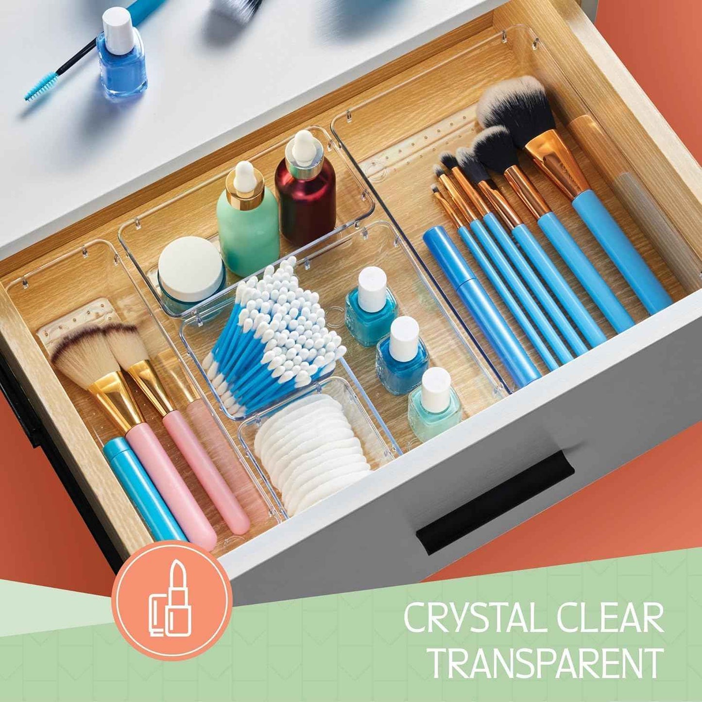 25PCS Clear Plastic Organizer Set, 4 Sizes, Non-Slip Pads for Makeup, Jewelry, Vanity, Kitchen, Office, Desk, Bathroom Drawers