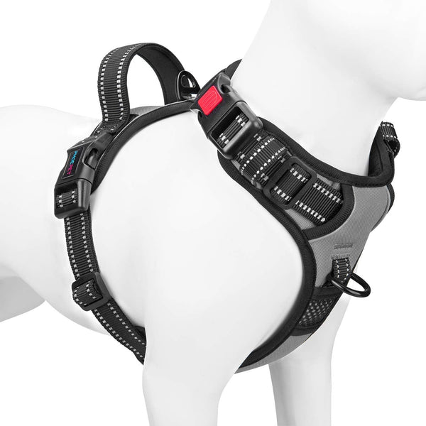 phoepet medium reflective dog harness with handle adjustable 2 metal rings orange