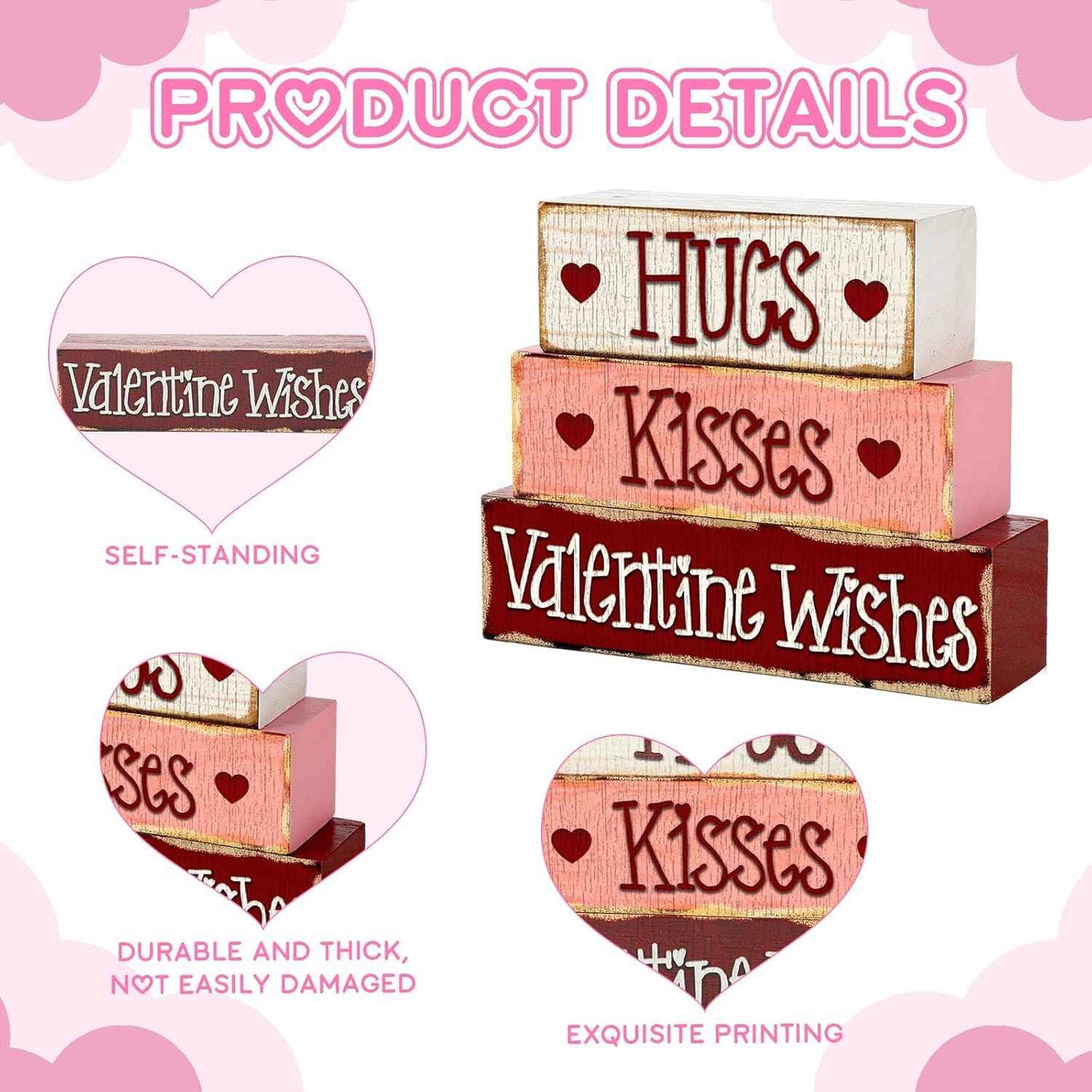 3 Pcs Valentine Table Decoration Signs Tiered Tray Valentine Wooden Love Blocks Heart Wood Freestanding Decor for Farmhouse Centerpiece Wedding Gift(Classic Style)