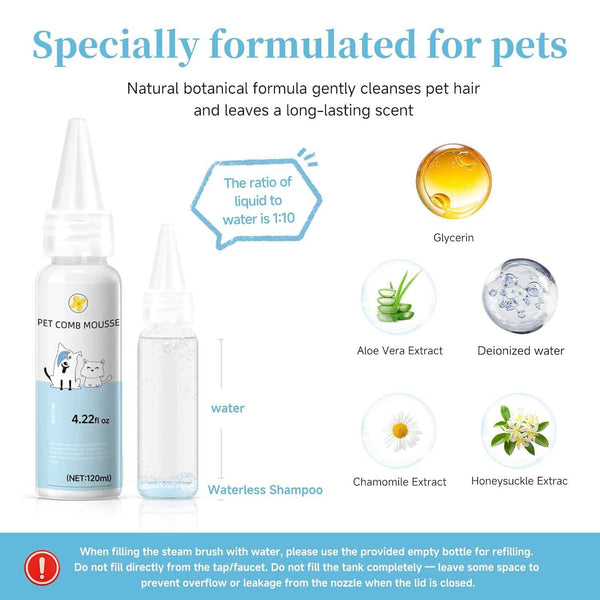 Pet Steam Brush for Dog & Cat - 3-in-1 Steam Grooming Brush for Shedding & Hair Removal - Self Cleaning Spray Comb with Mist for Long Haired Pets - Includes 1*Waterless Shampoo, Blue.